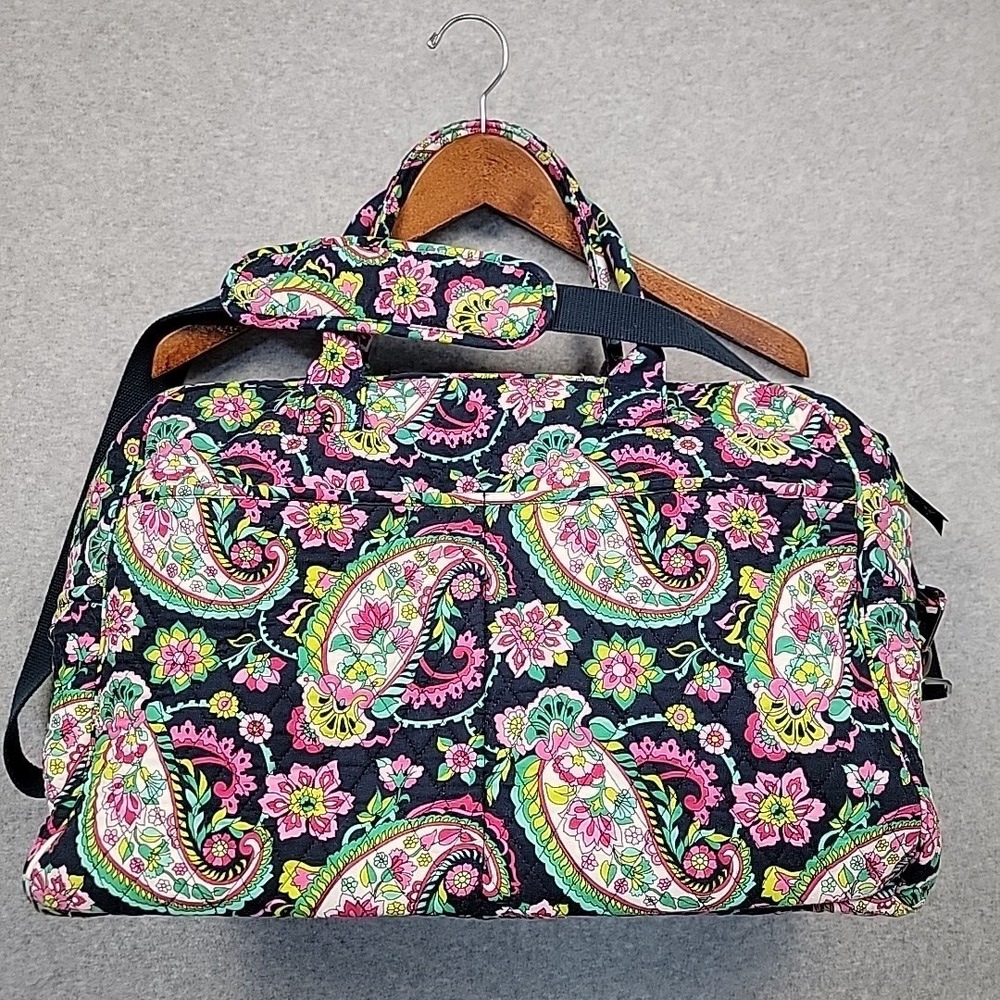 VERA BRADLEY Travel Duffle Bag Navy Pink Paisley ShoulderStrap Weekender Quilted